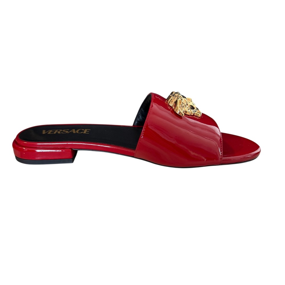 Versace Medusa Biggie Red Patent Leather Flat Slides Sandals Gold Hardware 37 - Picture 2 of 14
